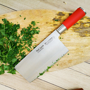 F.Dick Red Spirit wide chopping knife with red handle and stainless steel blade