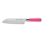 Pink-handled santoku knife with scalloped edge, stainless blade front view
