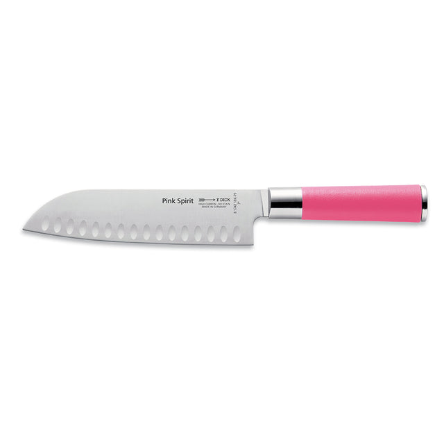 Pink-handled santoku knife with scalloped edge, stainless blade front view