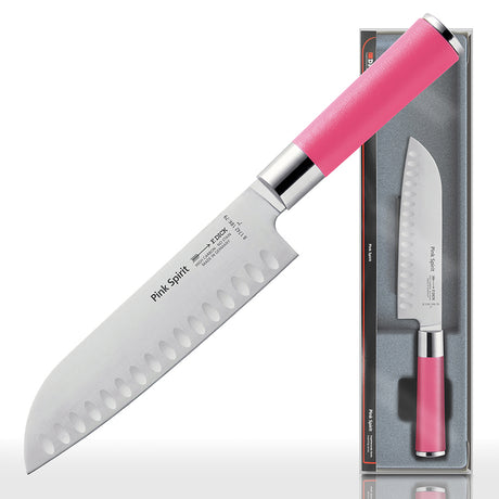 Pink-handled 7-inch santoku knife with scalloped edge on a cutting-board display