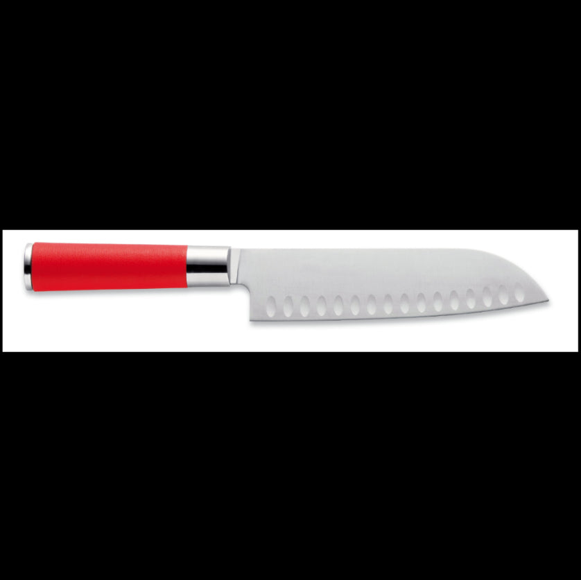 Red-handled Santoku knife side view with dimpled blade
