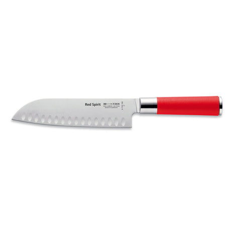 Santoku knife with red handle and dimpled stainless-steel blade