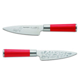 Red chef's knife with stainless blade, front and side views