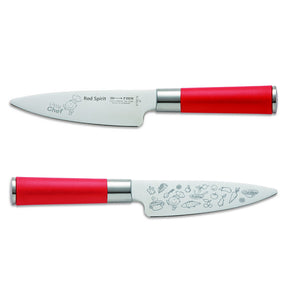 Red chef's knife with stainless blade, front and side views