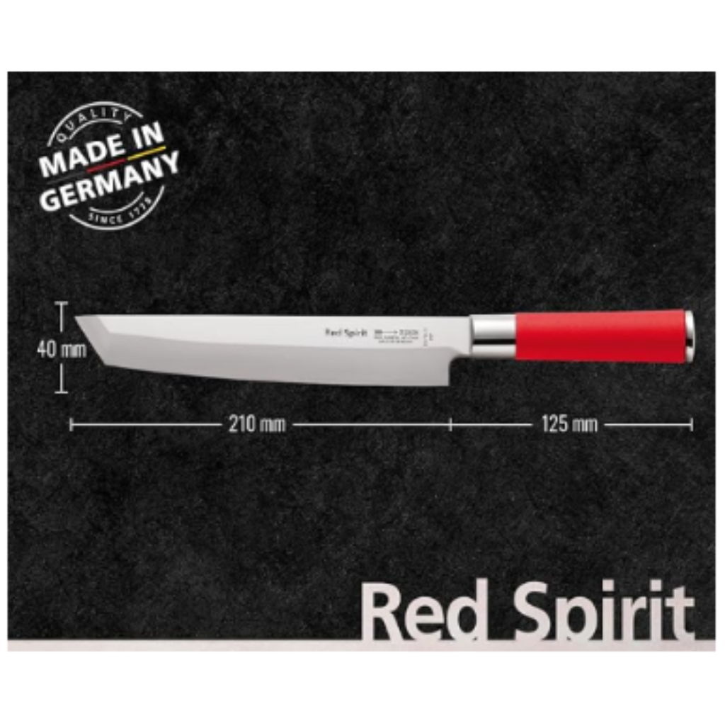 Knife with red handle and measurements on a black background, featuring 'Red Spirit' branding.