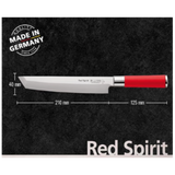 Knife with red handle and measurements on a black background, featuring 'Red Spirit' branding.