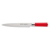 Sushi knife featuring long white blade with red handle, side view