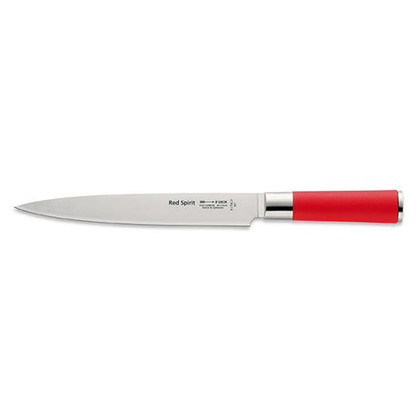 Sushi knife featuring long white blade with red handle, side view