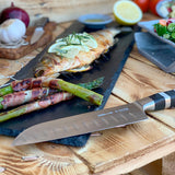 F.Dick Santoku knife with black handle, patterned kullenschliff blade