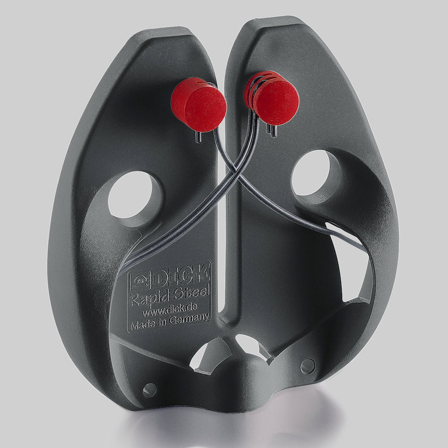 Black Rapid Action steel knife sharpener with red knobs and curved wire guide