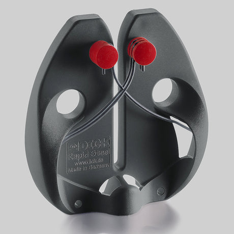 Black Rapid Action steel knife sharpener with red knobs and curved wire guide