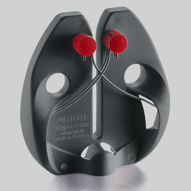 Black Rapid Action steel knife sharpener with red knobs and curved wire guide