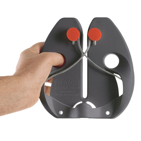 Black sharpening steel with red knobs and curved wire guide, hand adjusting knife