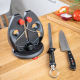 Knife sharpener stand with red knobs, plus two blades and key-ring tool