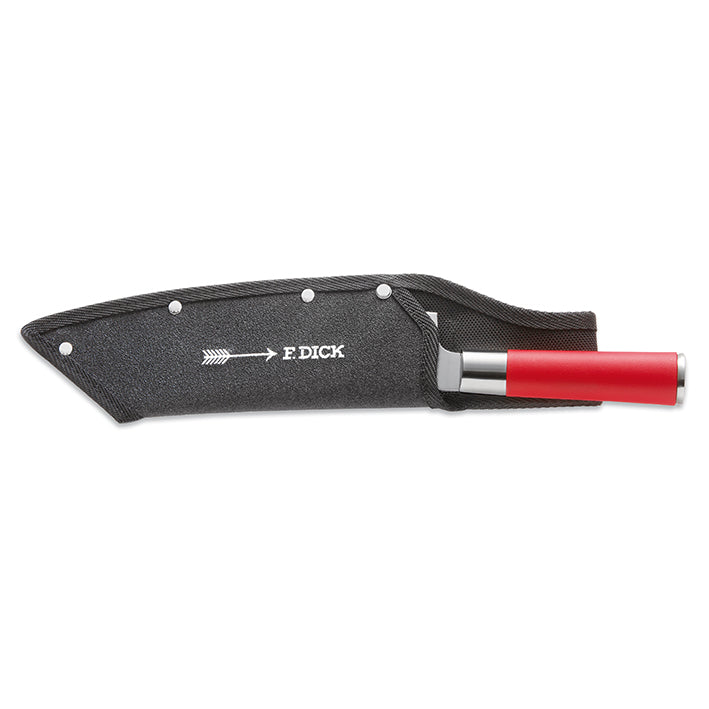 Black knife sheath with open flap showing red-handled knife and F.DICK logo