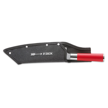 Black knife sheath with open flap showing red-handled knife and F.DICK logo