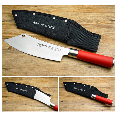 Black knife sheath with red-handled knife on wood, featuring F.DICK logo