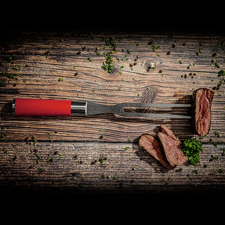 Red Spirit fork, 8 in, stainless steel tines and handle