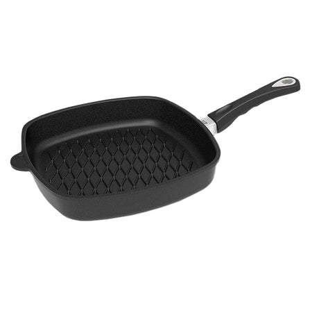 Square black grill pan with diamond ridges and short side handles