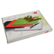 White cutting board set in retail box with metal-corner sheets