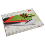 White cutting board set in retail box with metal-corner sheets