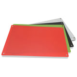 Red presentation board panel with corner grommets and metal fasteners