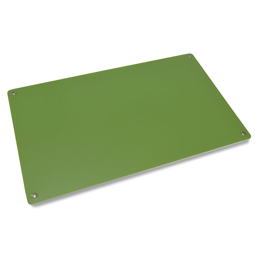 Green presentation board panel with corner grommets and metal fasteners