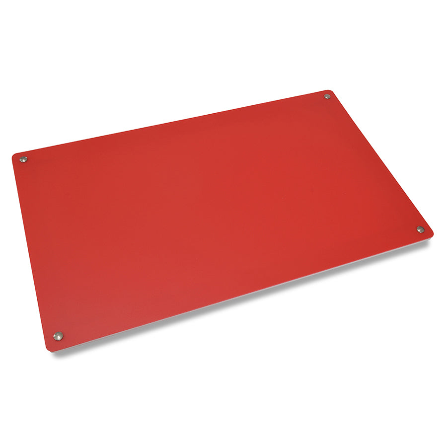 Slightly angled red presentation board panel with corner grommets and metal fasteners