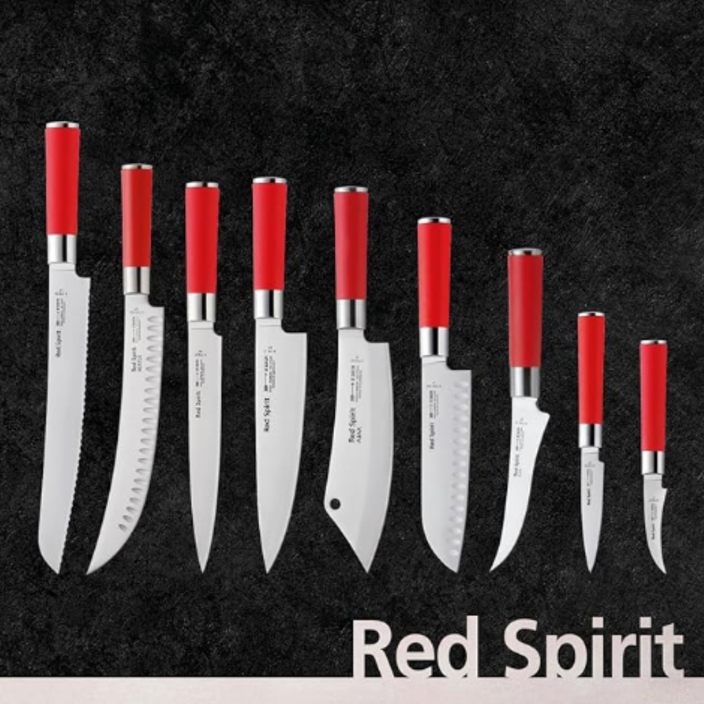 Set of knives with red handles on a black background, branded 'Red Spirit'.