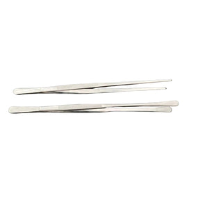 Pair of 12-inch cooking tweezers/tongs with slim metal arms and ribbed grips