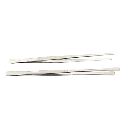 Pair of 12-inch cooking tweezers/tongs with slim metal arms and ribbed grips