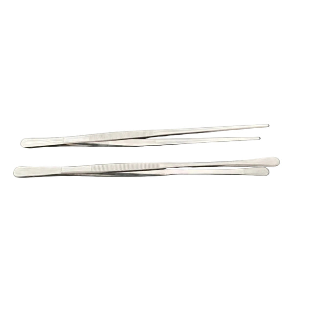 Pair of 12-inch cooking tweezers/tongs with slim metal arms and ribbed grips