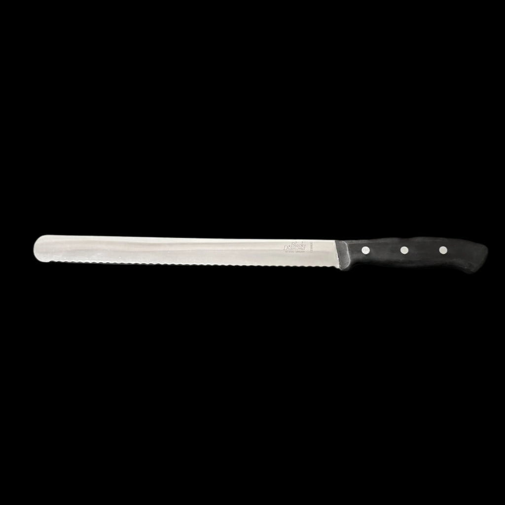 Roast beef carving slicer with dark handle and silver blade, 12-inch length