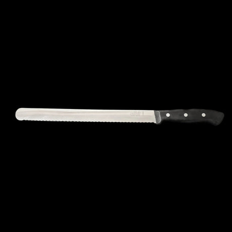 Roast beef carving slicer with dark handle and silver blade, 12-inch length