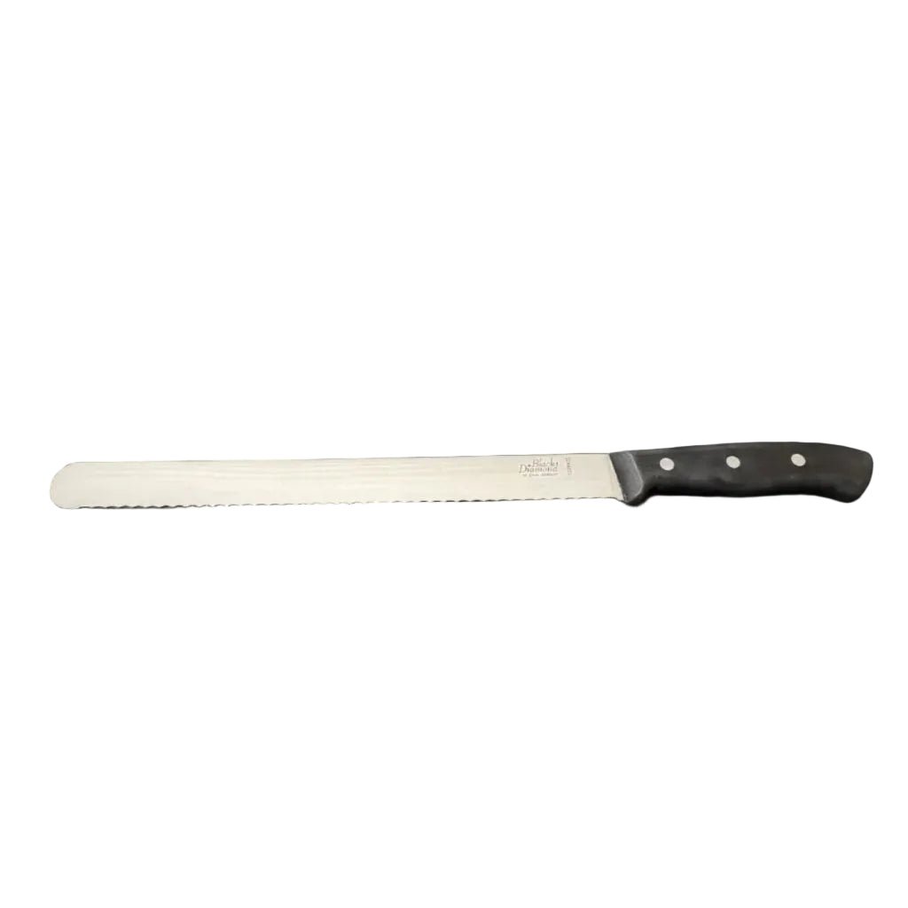 12-inch roast beef carving slicer with dark handle and smooth silver blade