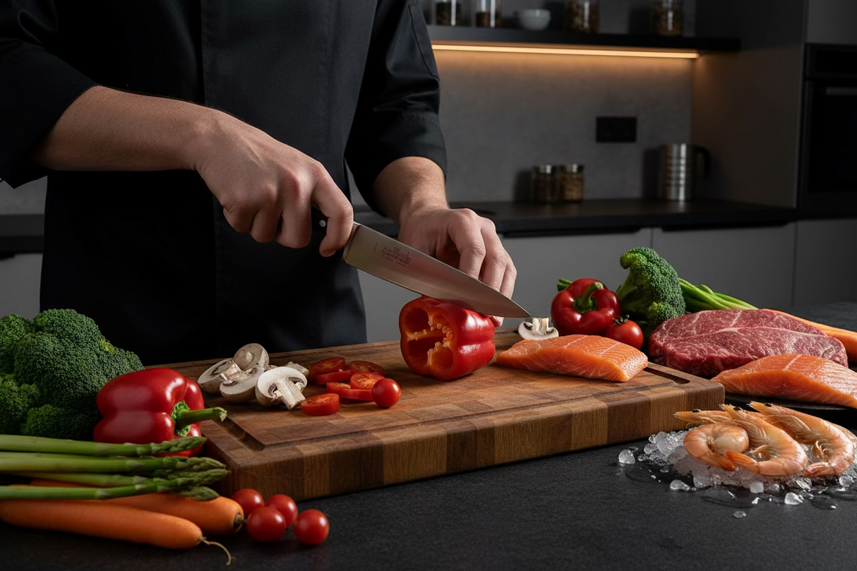 A Black Diamond chef's knife with a silver blade and black handle, placed horizontally on a glossy brown wooden surface.