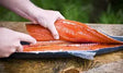 F.Dick ErgoGrip filleting knife cutting salmon, blue flex blade in use