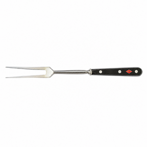 Forged carving fork with black handle, red logo emblem, and two-prong tines