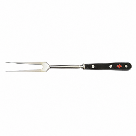 Forged carving fork with black handle, red logo emblem, and two-prong tines