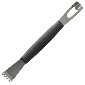 Stainless steel zester with black handle and textured grating head