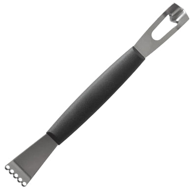 Stainless steel zester with black handle and textured grating head