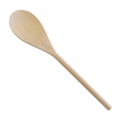 12-inch wooden spoon with 'cookqu' engraved on the bowl side