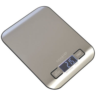 CookUP digital kitchen scale close-up, LCD readout and touch buttons