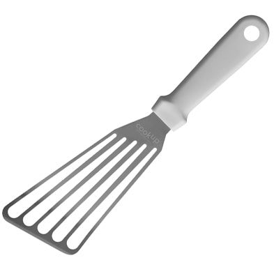 High heat fish turner with slotted metal spatula and round loop handle
