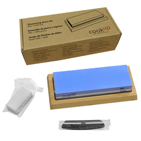 CookUp sharpening stone set in box with blue stones and included accessories