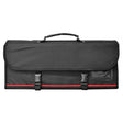 Knife roll bag with handle, dark gray front panel and red edge trim.