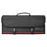 Knife roll bag with handle, dark gray front panel and red edge trim.