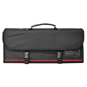 Knife roll bag with handle, dark gray front panel and red edge trim.