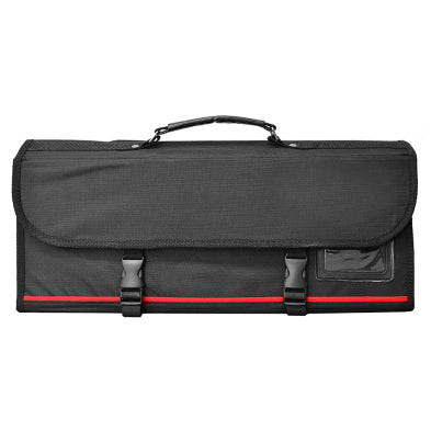 Knife roll bag with handle, dark gray front panel and red edge trim.