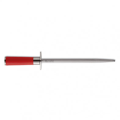 Red sharpening steel with straight metal rod and red handle